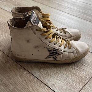 Golden Goose White High-Top Sneakers with Yellow Laces